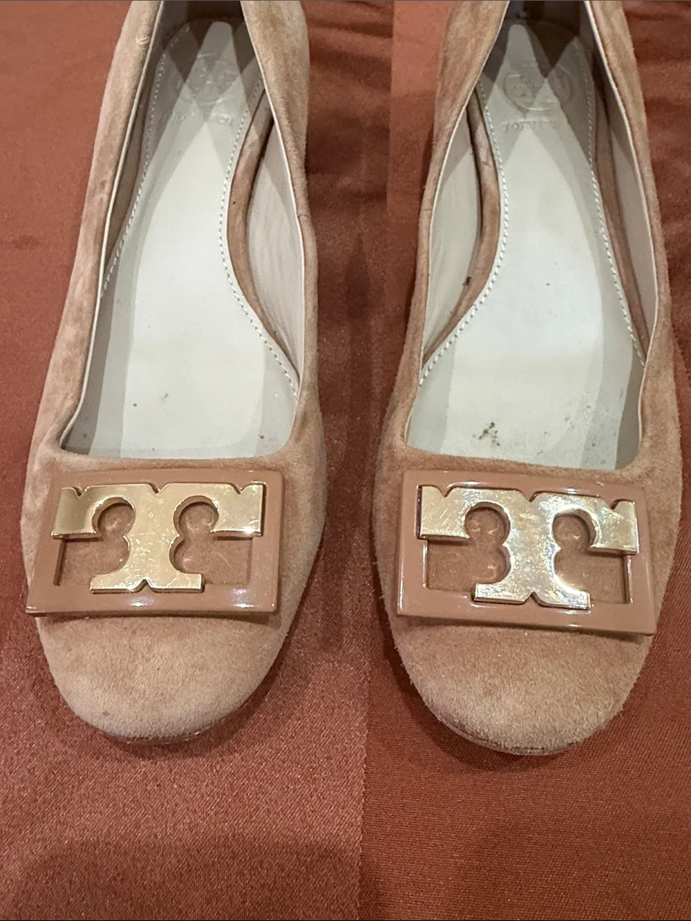 Tory Burch Blush Suede Logo Buckle Flats used condition.